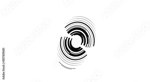 Dynamic swirling abstract black and white design with circular segments, generating motion illusion