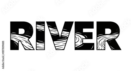 River word art with water pattern filling letters creating nature typography graphic