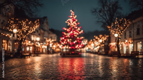 Festive Christmas tree with lights on a decorated street at night.