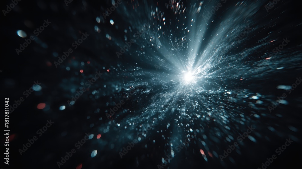 Fototapeta premium Bright light explosion with particles spreading in a dark space background