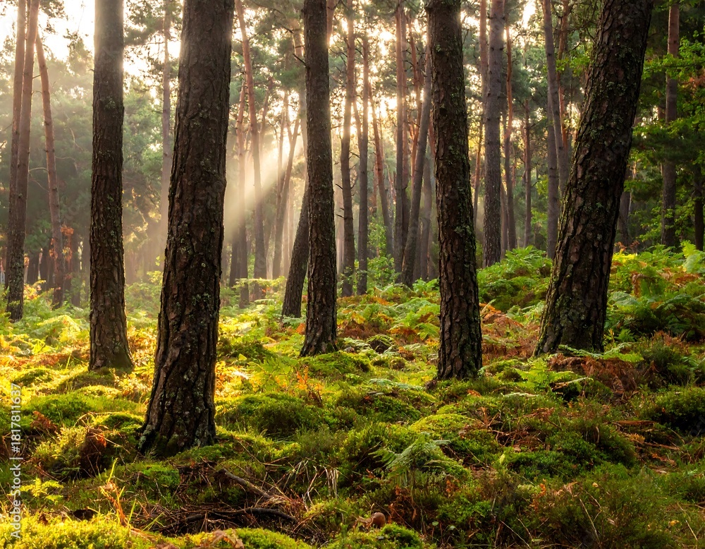 Obraz premium Sunlight streams through trees in a lush, green forest