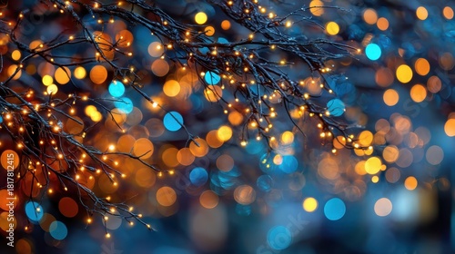 Tree branches with blurred colorful bokeh lights in the background at night