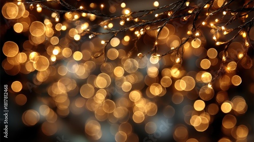 Holiday lights glowing on tree branches with a warm, festive bokeh background