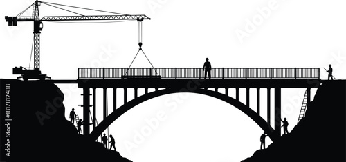 Arched bridge construction silhouettes, workers with crane, building site teamwork, infrastructure development, industrial engineering project, vector illustration of civil construction work
