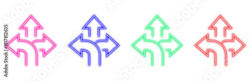 Set of four colorful neon arrow icons showing multiple directions and branching paths isolated on a white background representing choices and decisions.