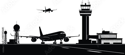 Airport silhouette illustration, airplanes runway control tower radar communication vector, aviation infrastructure artwork, air traffic design concept, black and white transportation composition