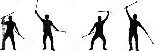 Baton twirling silhouettes, dynamic performance vector, athletic dance routine illustration, choreography artwork, action movement design, black and white composition, artistic sports activity concept