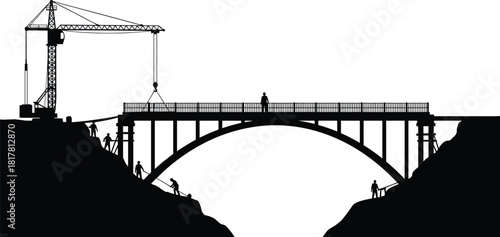 Bridge construction silhouettes, workers building arch structure, crane lifting components, teamwork on site, industrial engineering project, vector illustration of infrastructure development