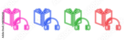 Set of colorful neon icons featuring an open book with headphones, representing audiobooks and digital learning, isolated on a transparent background for easy integration into designs.