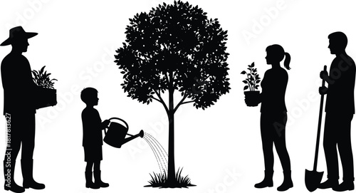 Community tree planting silhouette vector illustration, people gardening and caring for nature, teamwork environment icon, ecological sustainability graphic design element for stock content