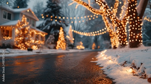 Winter neighborhood street decorated with glowing Christmas lights at dusk