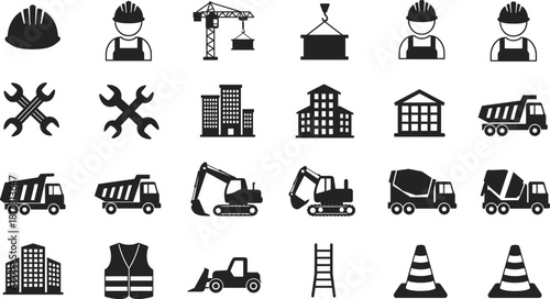  Construction icons silhouette vector set, workers, vehicles, tools, and buildings illustration, infrastructure development concept, safety equipment, heavy machinery, industrial design elements
