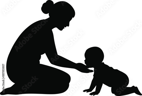 Adult and baby silhouette, crawling infant interaction, black figure art, nurturing moment, parenting concept, early development, expressive gesture, motion study