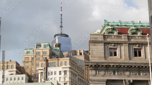 New York City Manhattan Downtown Financial District, United States of America. World Trade Center skyscraper, tower building in FiDi. Modern business center. Broadway street architecture. Battery park