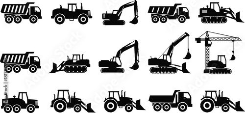 Construction machinery silhouettes, heavy equipment vehicles, bulldozer, excavator, dump truck, tractor loader, crane, industrial machines, earth moving tools, vector illustration set