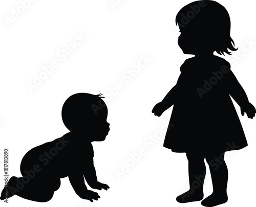 Baby and toddler silhouette, crawling and standing poses, black figure art, early childhood development, expressive gesture, posture contrast, motion study