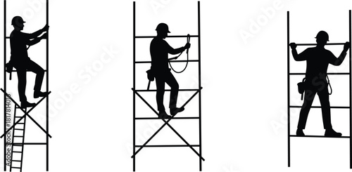 Construction scaffolding worker silhouette vector illustration, occupational safety icon, industrial labor climbing design element, engineering site teamwork graphic for stock content