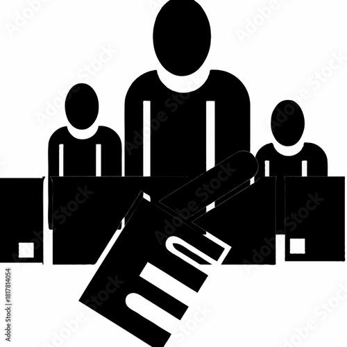 Illustration of people behind desks with a hand inserting a ballot into a ballot box icon
