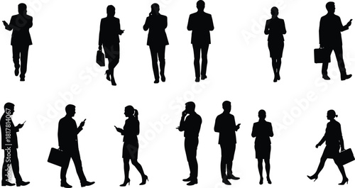 Business people silhouettes using mobile phones, men and women in suits with briefcases, office worker shadow figures, modern corporate lifestyle design