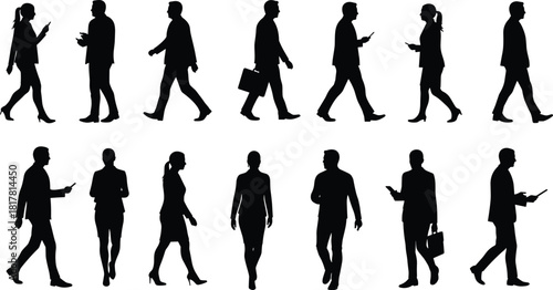 Business people silhouettes, men and women walking and standing with phones and briefcases, corporate lifestyle shadow figures, modern office design