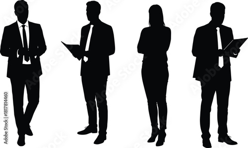 Business professional silhouettes, four office workers in suits with tablet and clipboard, corporate lifestyle shadow figures, workplace posture reference illustration