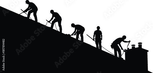 Construction workers on rooftop, silhouettes with tools, hammering, carrying equipment, safety helmets, teamwork, building site labor, vector illustration of roofing work