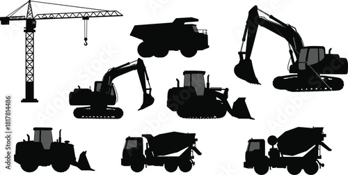 Construction vehicles silhouettes, heavy machinery vector set, tower crane, dump truck, excavator, bulldozer, cement mixer, industrial equipment illustration, earthmoving design graphics