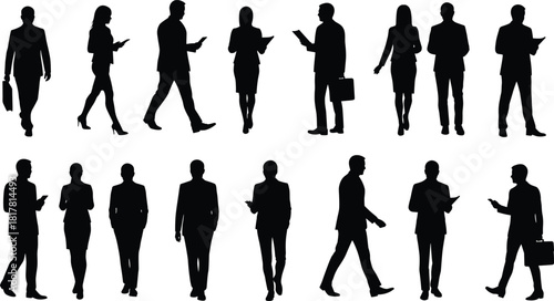 Business professional silhouettes, men and women in suits, walking standing with briefcases and phones, corporate attire, office worker shadow design