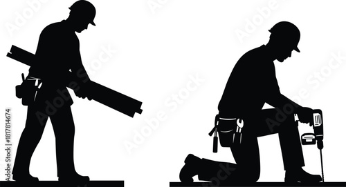 Construction workers silhouettes, carrying beams, using power drill, hard hats, tool belts, industrial labor scene, building site tasks, vector illustration of manual work
