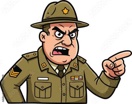 Cartoon angry drill sergeant shouting, brown military uniform, pointing finger, strict authority figure, army commander illustration, discipline training character design