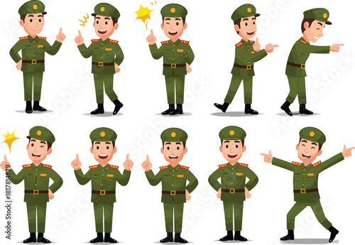Cartoon military officer character set, green uniform poses, pointing, saluting, thumbs-up, smiling, animated expressions, authority figure illustration design