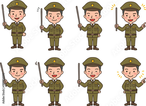 Cartoon military police officer set, green uniform characters with baton, multiple poses, saluting, pointing, smiling, authority figure illustration design