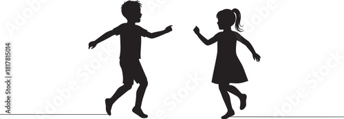 Children silhouette illustration, boy and girl playing, expressive movement, black figure art, joyful interaction, childhood moment, dance pose, outdoor concept