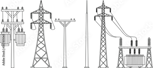 Electrical infrastructure silhouettes, utility poles transformers transmission towers vecto