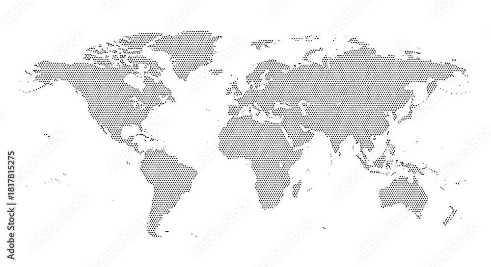 Fototapeta premium World map with continents and landmasses in a dot matrix style on white background.