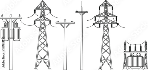 Electrical transmission and distribution structures vector, utility poles transformers towers