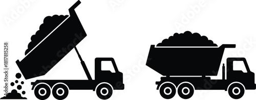 Dump truck silhouette vector illustration, construction vehicle loading and unloading debris, heavy machinery transport icon, industrial work equipment, material handling graphic design element