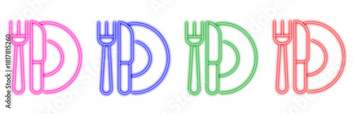 Set of colorful neon icons representing cutlery with a plate isolated on a white background, perfect for restaurant or dining themes