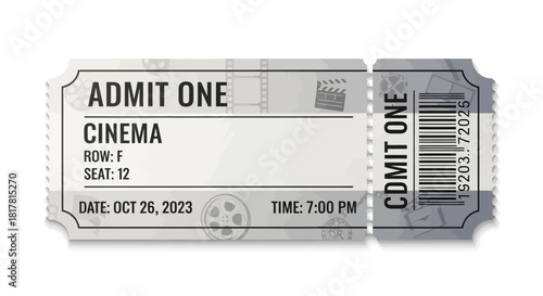 A vintage-style cinema ticket with details like row F, seat 12, date Oct 26, 2023, and time 7:00 PM.