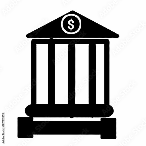 Illustration of a bank building with a dollar sign on top in black and white simple design style
