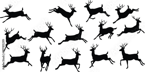 Deer silhouettes collection, running and leaping poses, stag antler figures, wildlife shadow animals, forest nature design, motion reference illustration