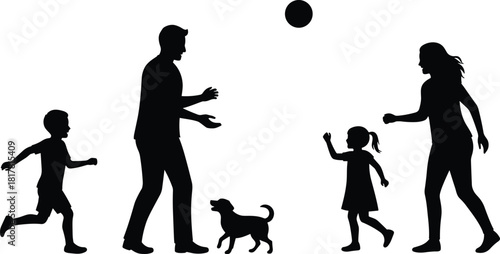 Family playing silhouette, parents and children outdoors, dog included, joyful moment, lifestyle concept, black figure art, bonding theme, active pose