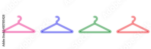 A set of four neon clothes hangers in pink blue green and red glowing brightly isolated on a clean white background representing fashion and clothing organization with a modern aesthetic.