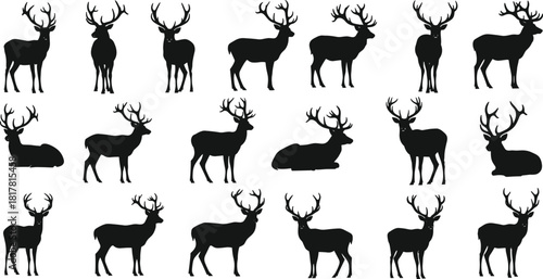 Collection of black deer silhouettes, various poses of stags with large antlers, forest wildlife buck icons, hunting design elements, flat vector illustration