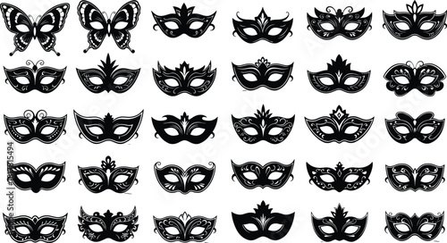 Collection of black carnival mask silhouettes, Venetian masquerade costume props, decorative party face wear, butterfly shapes, isolated flat vector illustration