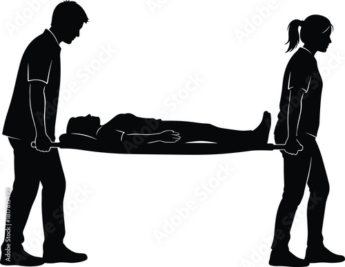 Emergency stretcher silhouette vector illustration, medical rescue team carrying patient, paramedic icon, healthcare transport graphic, hospital aid concept design element