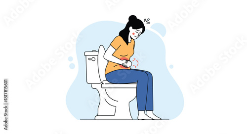 A woman sitting on a toilet experiences stomach pain and digestive issues, clutching her abdomen in discomfort, indicating potential illness.