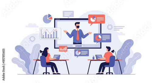 Online business meeting illustration featuring two people attending presentation on their laptops, with a speaker on screen sharing data.