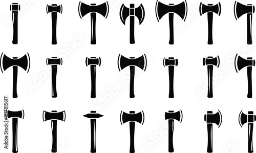 Set of black axe silhouettes, collection of various hatchet icons, medieval battle weapons, lumberjack wood chopping tools, isolated flat vector illustration