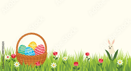 Colorful Easter eggs in a basket with a bunny in a field of grass and flowers, perfect for a festive holiday celebration.
